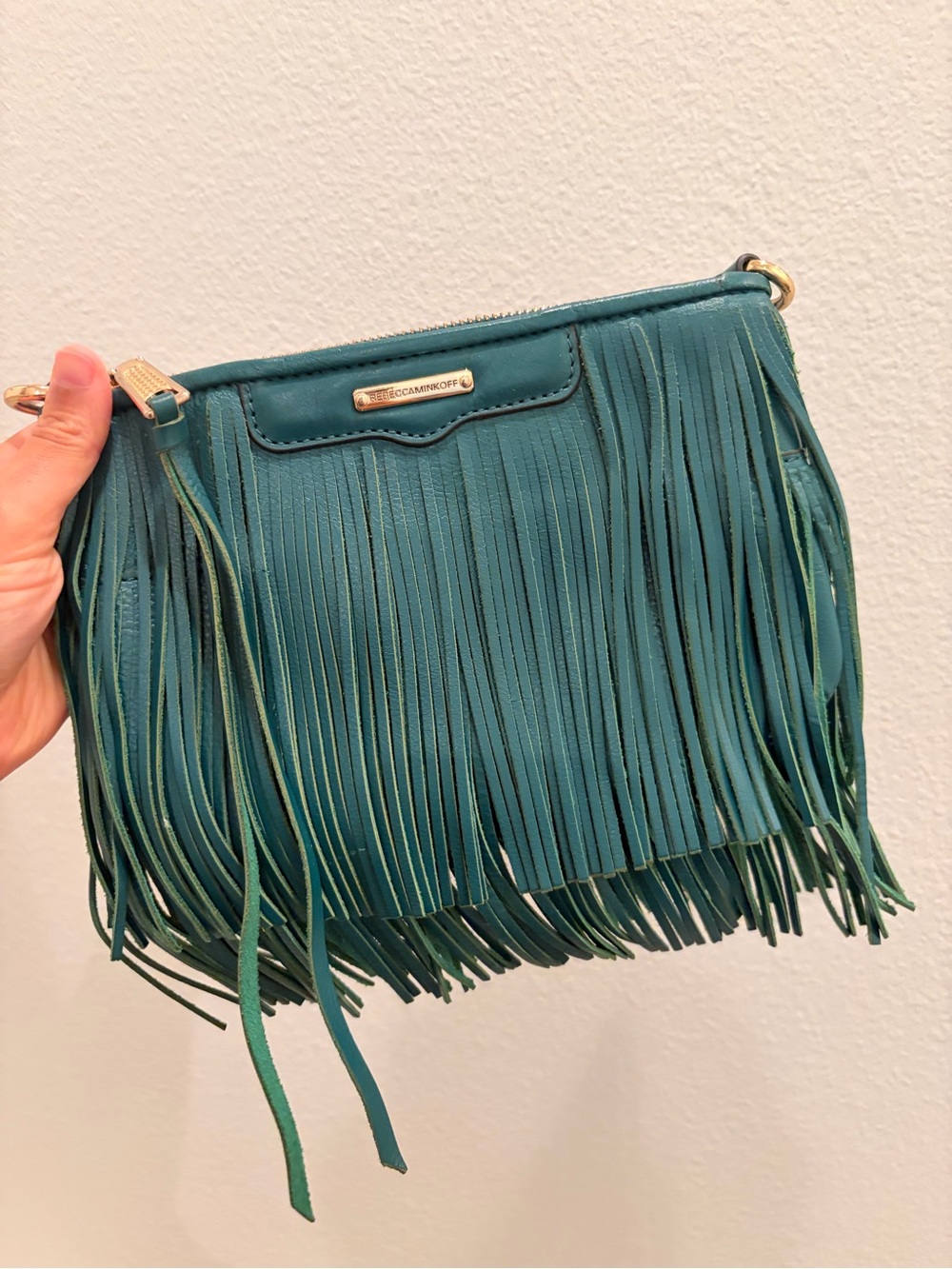 Rebecca Minkoff Green Leather Fringe Crossbody with Gold Hardware